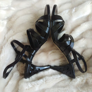 Strappy black patent sandals with jewels in heel 8